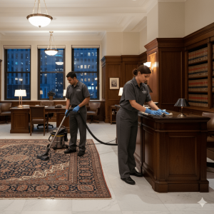 Professional Cleaners Sanitizing Desks and Vacuuming Carpets in a Law Firm Office